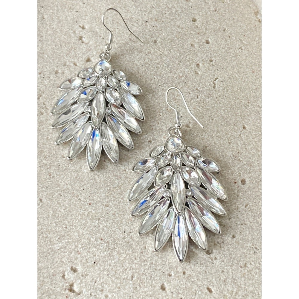 Silver Tone‎ Clear Rhinestone Leaf Statement Earrings Crystal Dangle Drop Bling